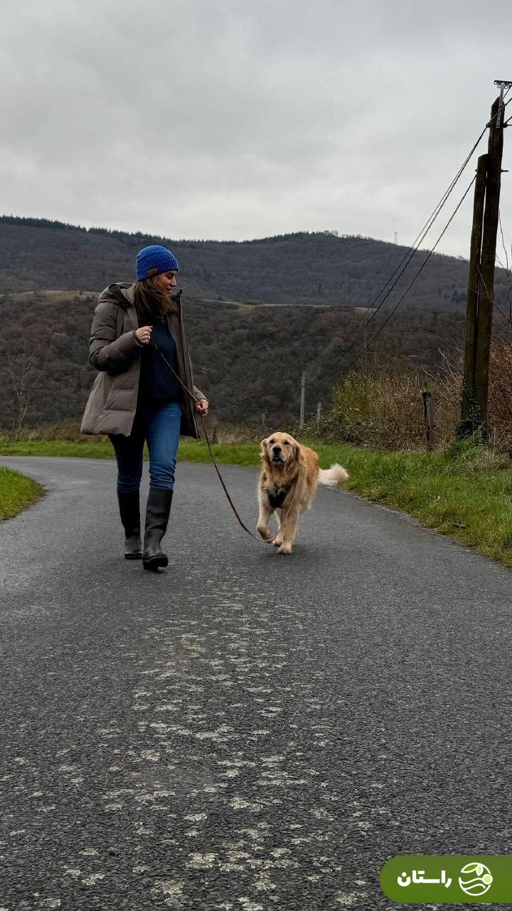 عکس | پیاده‌روی سحر دولتشاهی با سگش در یک جاده جنگلی