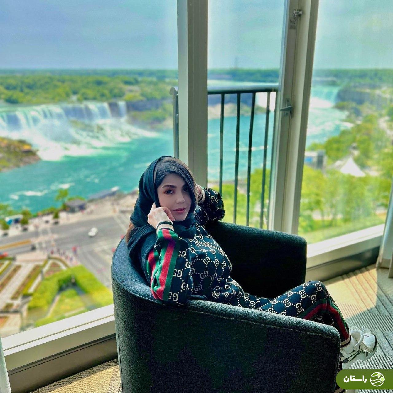 تصاویر خاص و متفاوت آزاده زارعی بازیگر سریال آوای باران کنار آبشار نیاگارا