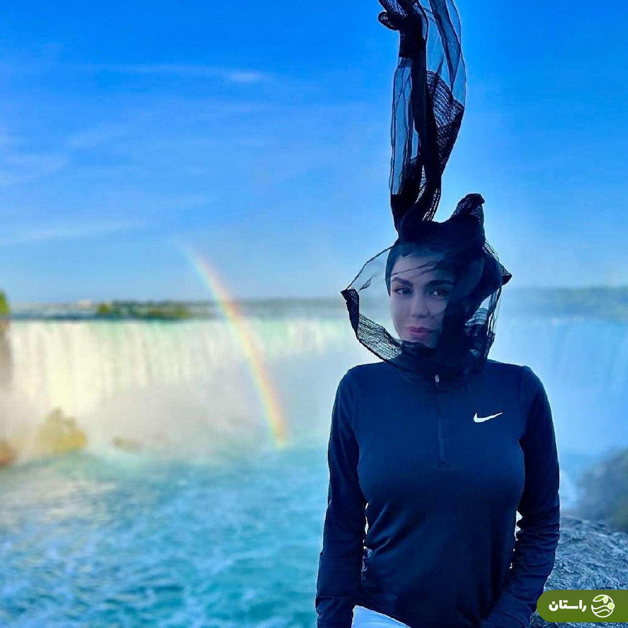 تصاویر خاص و متفاوت آزاده زارعی بازیگر سریال آوای باران کنار آبشار نیاگارا