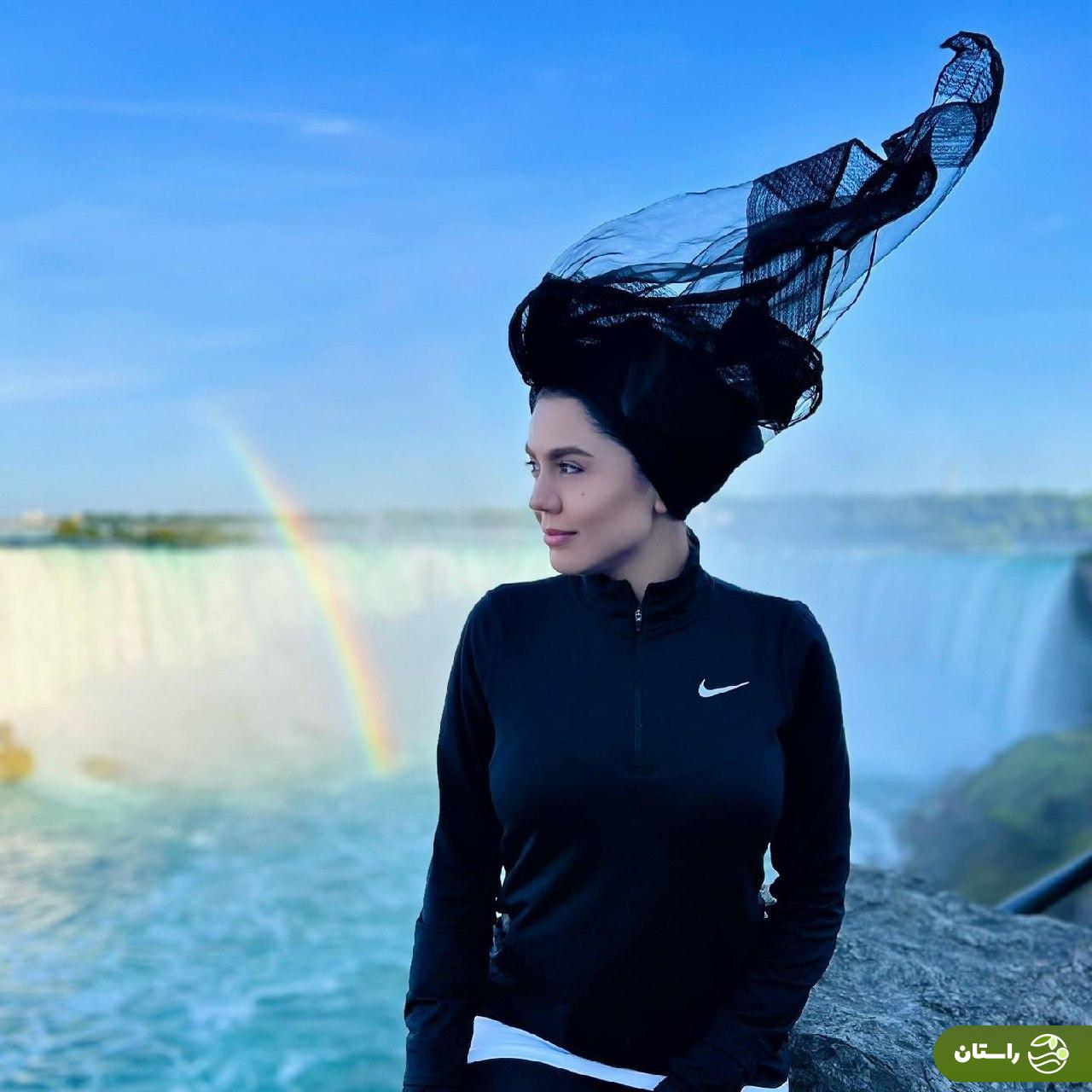 تصاویر خاص و متفاوت آزاده زارعی بازیگر سریال آوای باران کنار آبشار نیاگارا