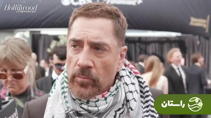 خاویر باردم روی صحنه مراسم امی با چفیه و مشت گره‌کرده/ او خواستار تحریم اسرائیل شد