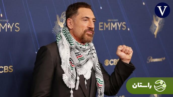 خاویر باردم روی صحنه مراسم امی با چفیه و مشت گره‌کرده/ او خواستار تحریم اسرائیل شد