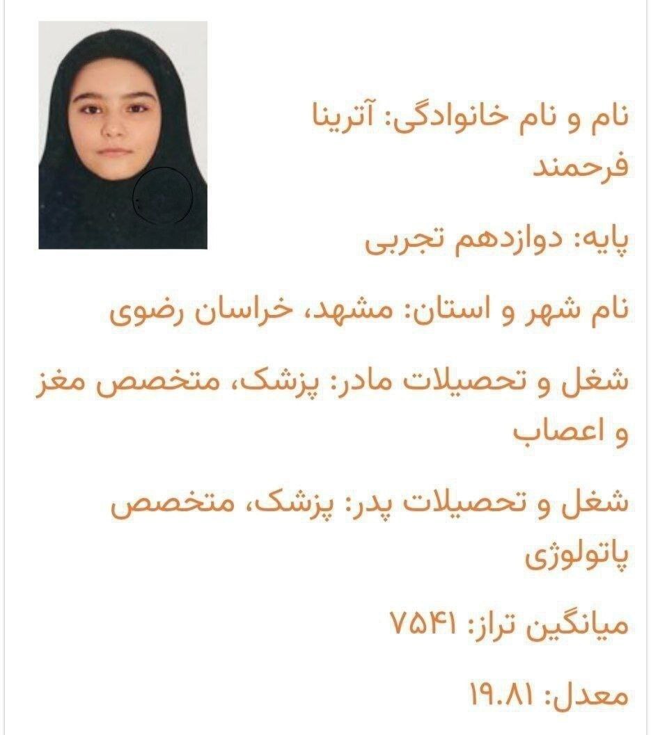 کارنامه آترینا فرحمند، رتبه اول کنکور تجربی ۱۴۰۴ لو رفت + عکس