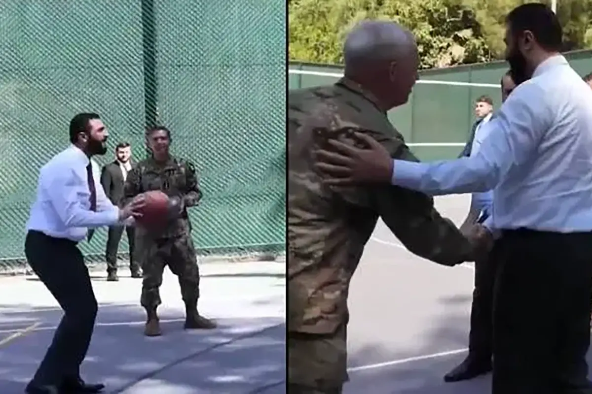 (ویدئو) بسکتبال بازی کردن احمد الشرع با فرمانده سنتکام