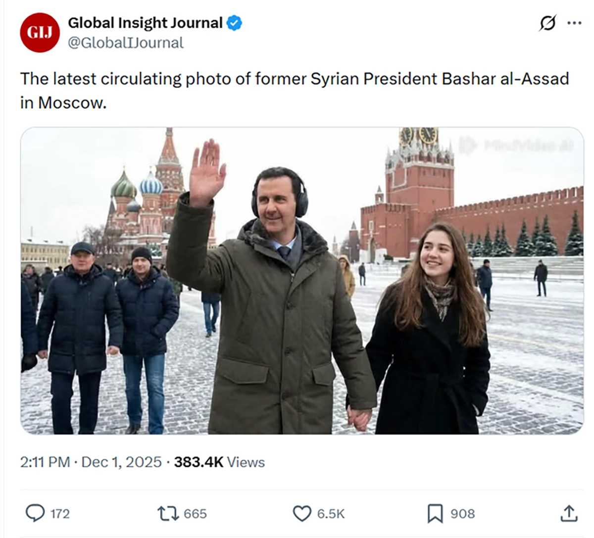 عکسی از بشار اسد و یک دختر جوان در میدان سرخ مسکو جنجال به پا کرد