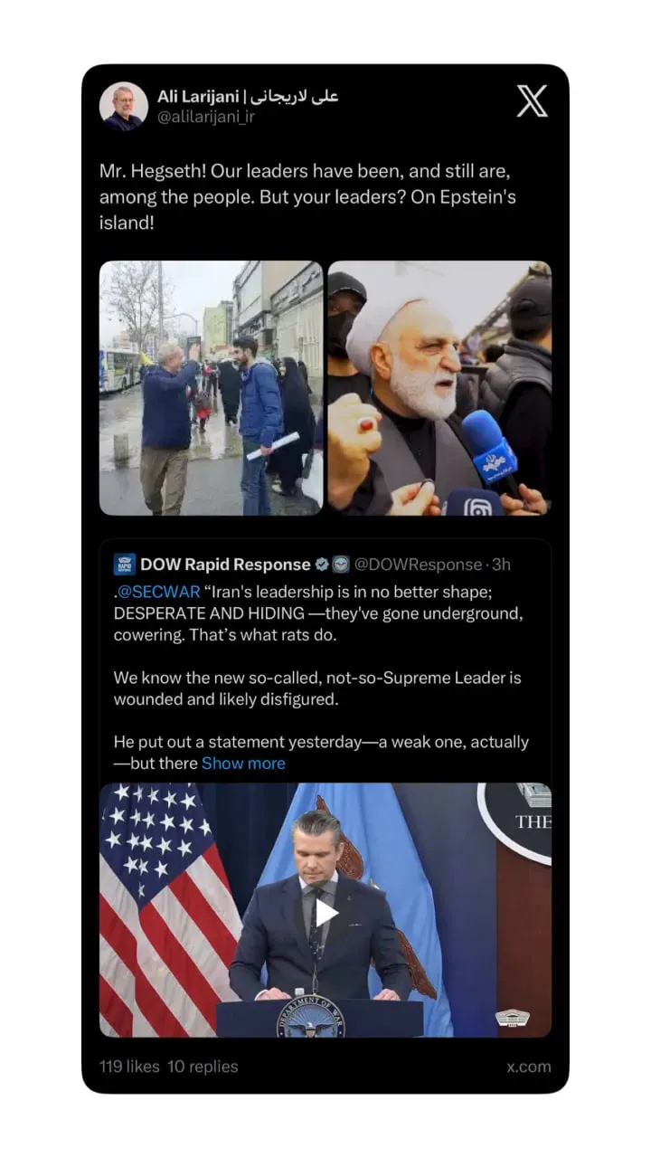 علی لاریجانی: آقای هگست! رهبران ما در بین مردم هستند اما رهبران شما در جزیره اپستین!