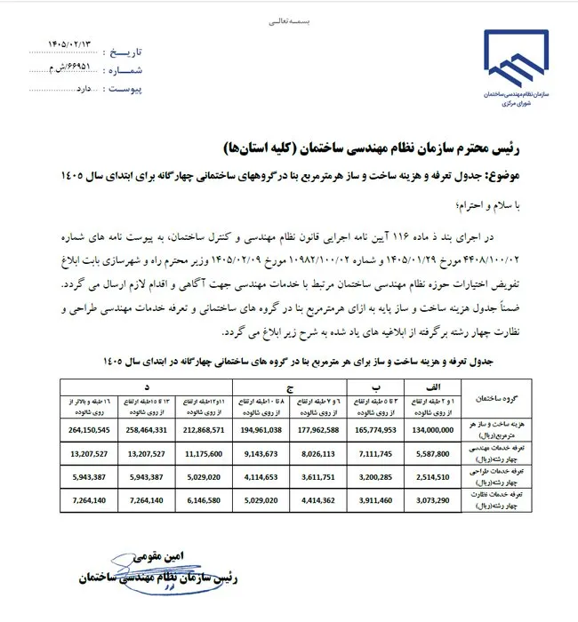 تعرفه نظام مهندسی