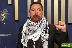 خاویر باردم روی صحنه مراسم امی با چفیه و مشت گره‌کرده/ او خواستار تحریم اسرائیل شد